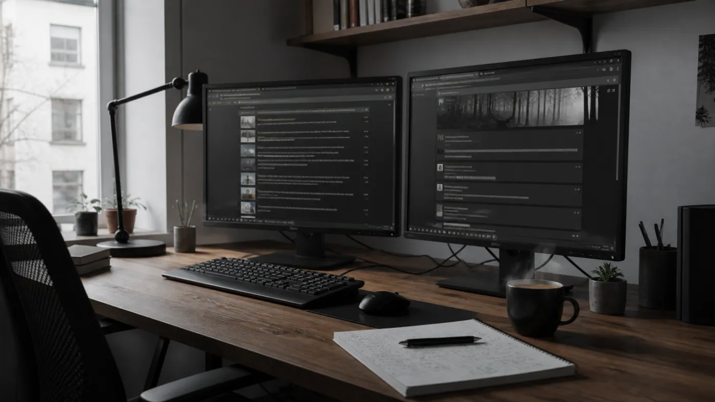 home office with dual monitors and coffee