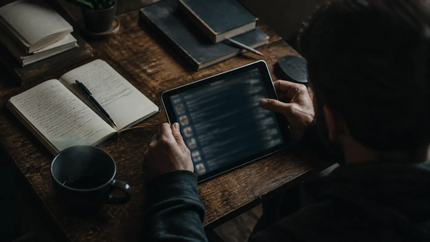 individual studying Hidden Wiki on a tablet