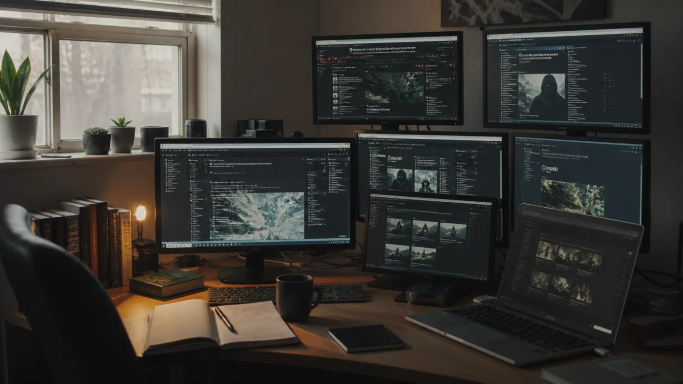 workspace with multiple computer screens showing Tor Browser sites
