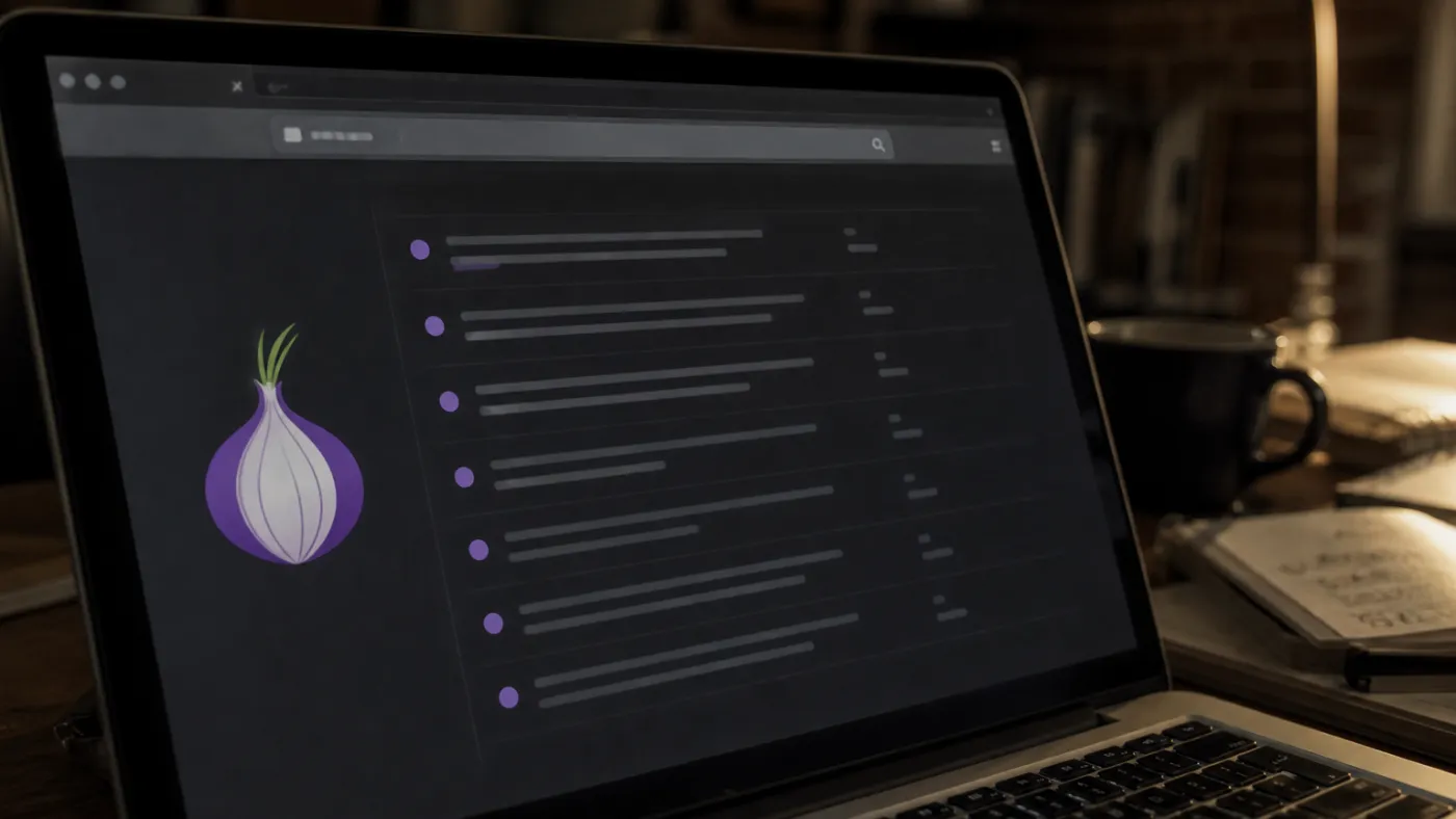 laptop screen showing Tor Browser and .onion links