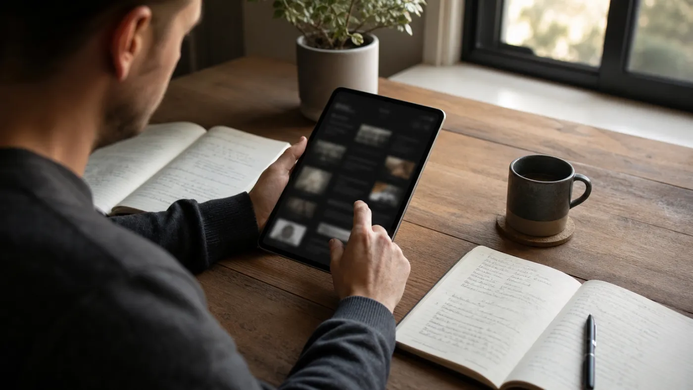 person exploring curated onion links on a tablet