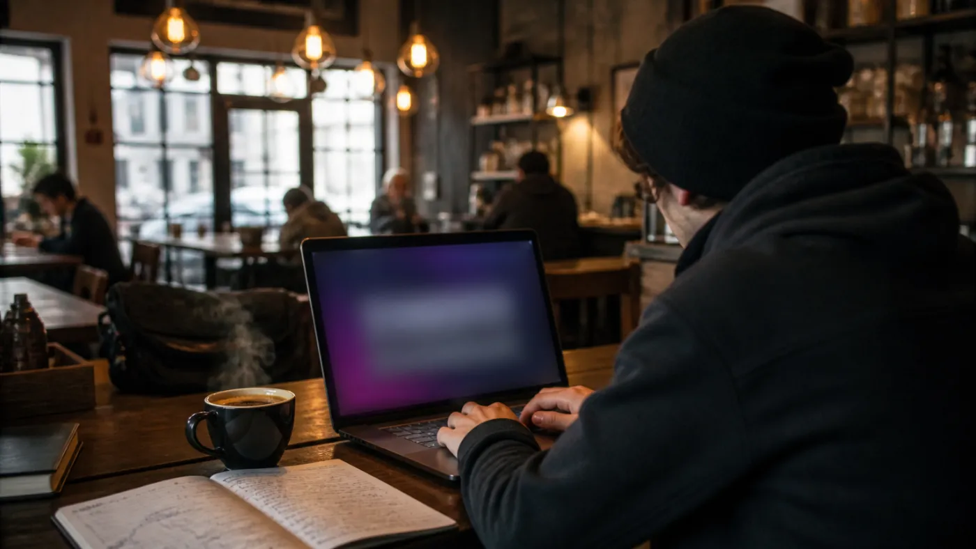 user in a cafe accessing Tor Browser on laptop
