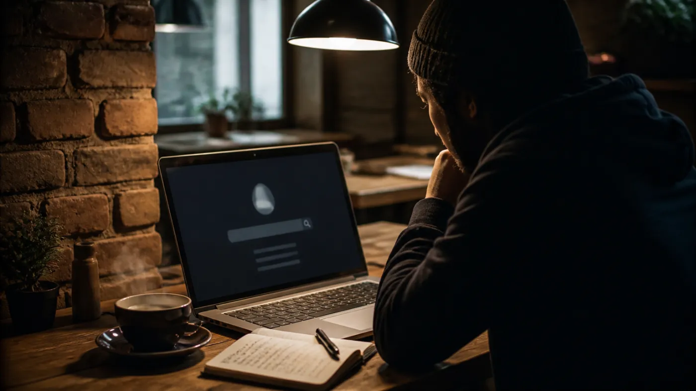 user using dark web search engine in café