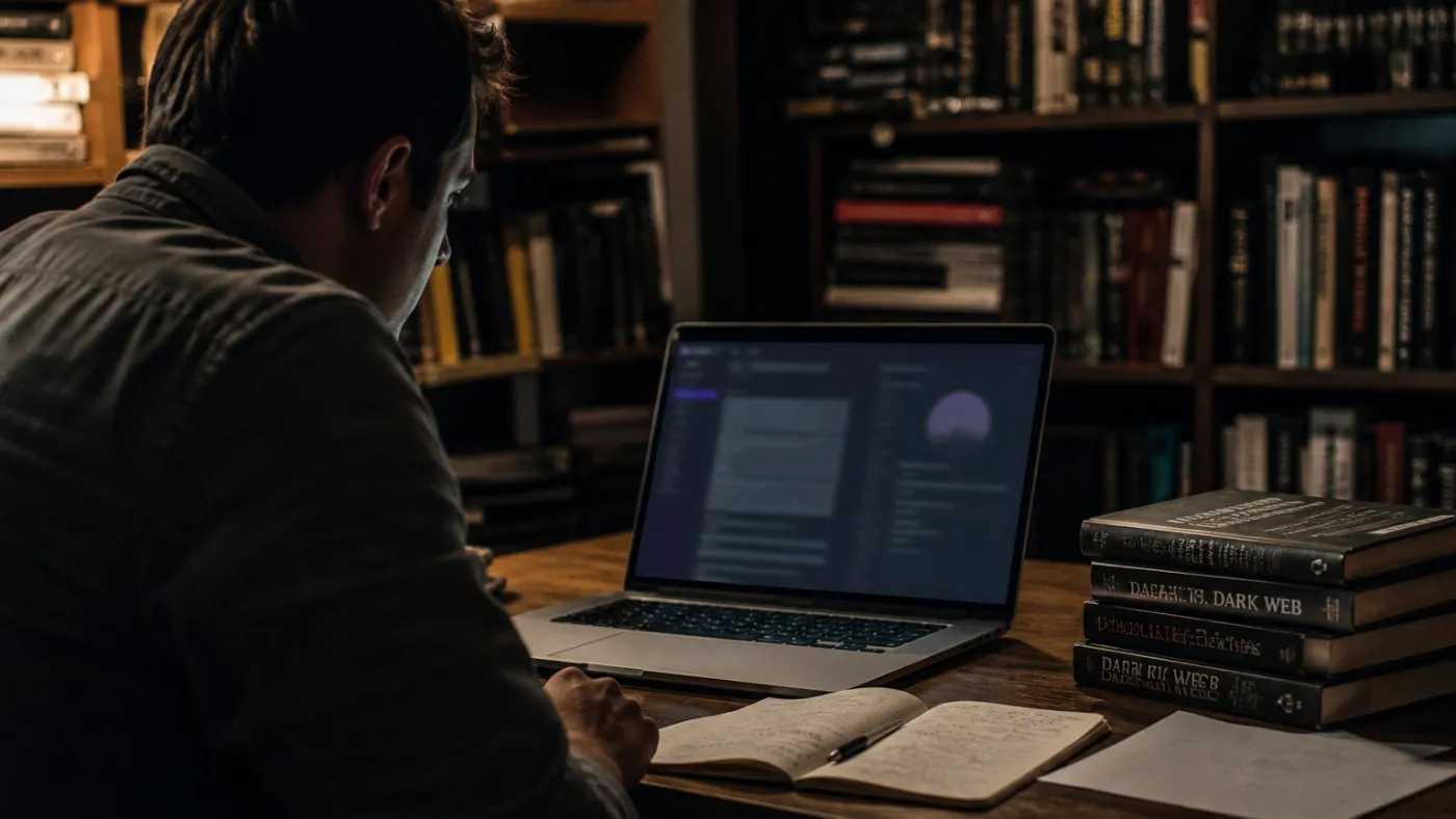 researcher studying Dark Web materials in library