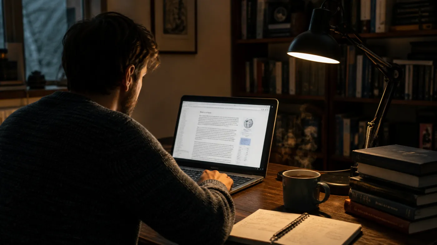 user studying Tor Browser Wikipedia in a cozy study