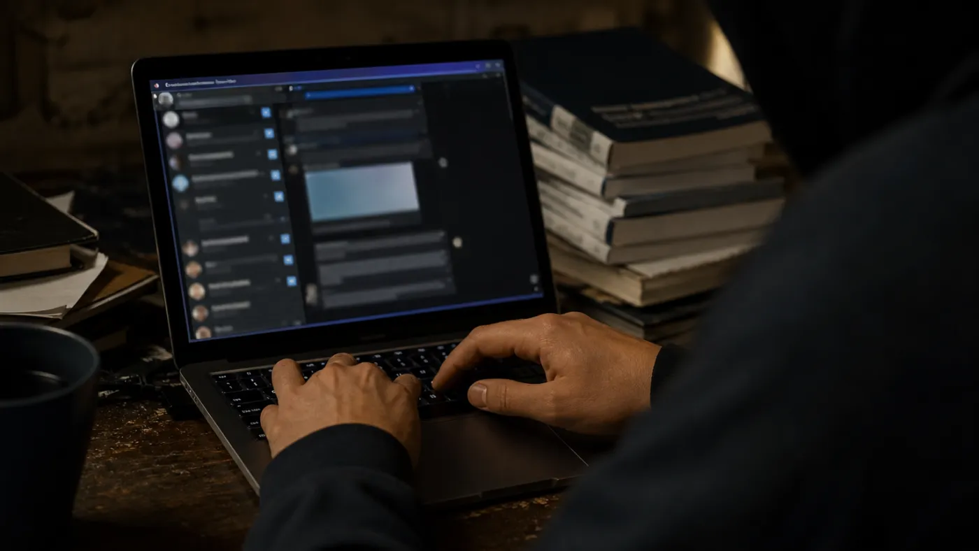 user hands typing on laptop in dark room