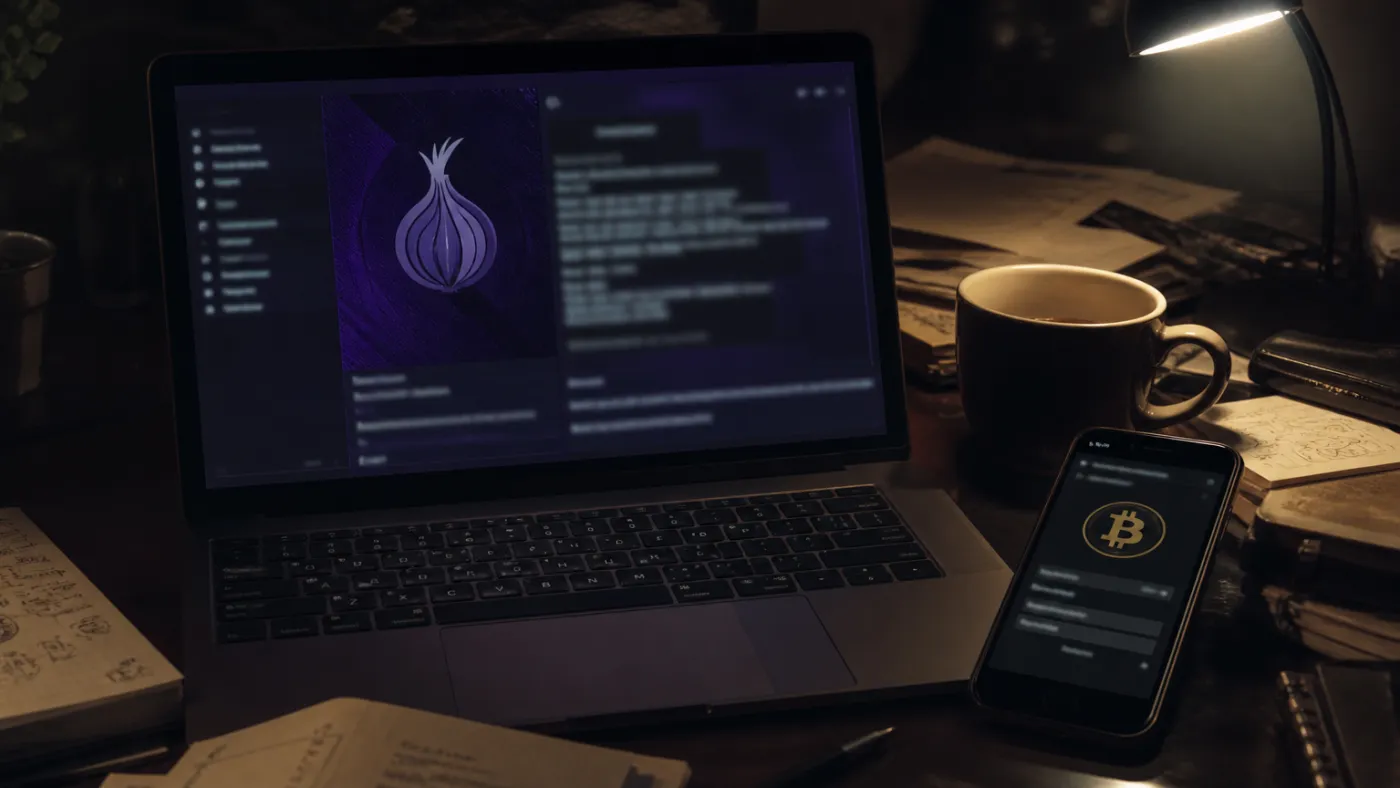computer desk with Tor Browser and Bitcoin wallet