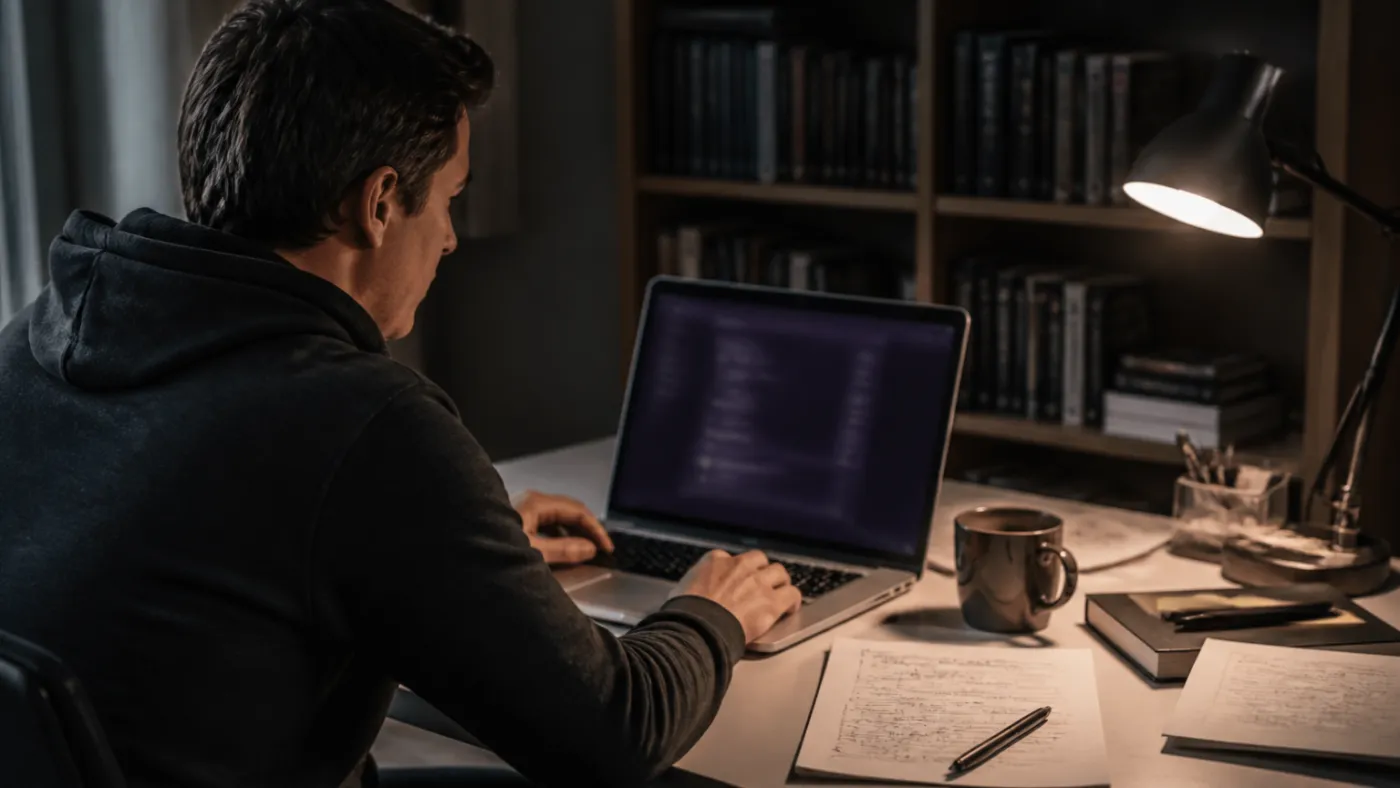 person researching dark web in home office